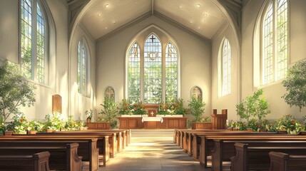 Fototapeta premium Watercolor hospital chapel with soft lighting and a peaceful atmosphere.
