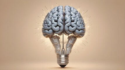 Creative generative AI illustration of brain inside of light bulb with concept of idea or brainstorm against beige background