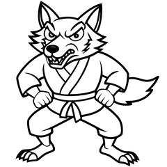Angry Karate wolf White Background line art vector illustration