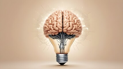 Creative generative AI illustration of brain inside of light bulb with concept of idea or brainstorm against beige background