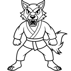 Angry Karate wolf White Background line art vector illustration