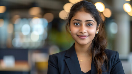 Obraz premium Beautiful smiling young business woman in a modern office