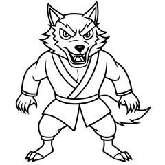 Angry Karate wolf White Background line art vector illustration