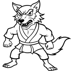 Angry Karate wolf White Background line art vector illustration