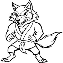 Angry Karate wolf White Background line art vector illustration