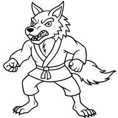 Angry Karate wolf White Background line art vector illustration
