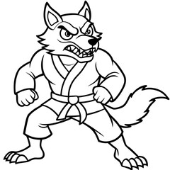 Angry Karate wolf White Background line art vector illustration