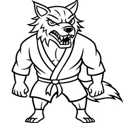 Angry Karate wolf White Background line art vector illustration