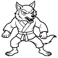 Angry Karate wolf White Background line art vector illustration