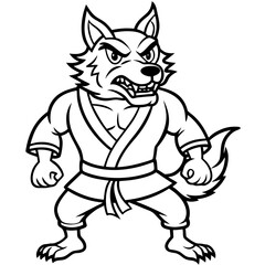 Angry Karate wolf White Background line art vector illustration
