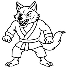 Angry Karate wolf White Background line art vector illustration