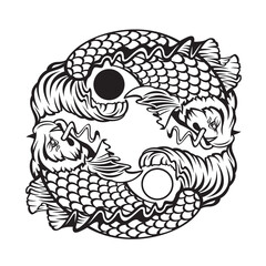 Yin yang koi fish, symbol of harmony and balance. Two koi fish hold tail one other. silhouette tattoo style.eps