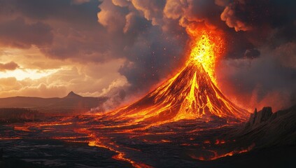 Volcano erupting, fiery lava flowing.