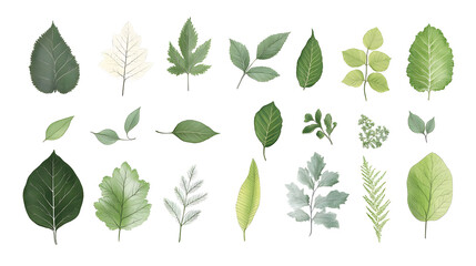 Fototapeta premium Minimalistic illustration collection of different green leaves and plants isolated on white background