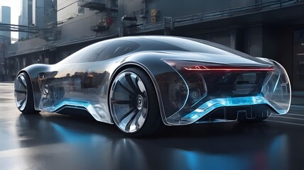 Futuristic car with transparent parts on city backdrop Generative AI image