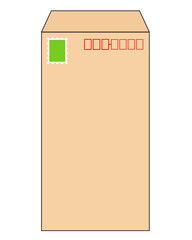 切手のついた縦長の茶封筒の線画イラスト