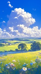 Enchanting anime-style illustration of a grassy hillside full of wildflowers. Vibrant and colorful natural landscape with delicate blooms and lush greenery. Perfect for nature lovers and artistic conc