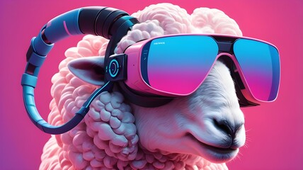 Generative AI illustration of futuristic sheep sports sleek VR glasses against a gradient blue to pink background creating a cyberpunk inspired look