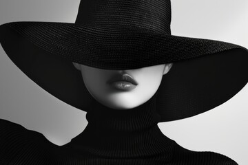Minimalist black and white portrait of a model in a turtleneck, face hidden by a hat. © Наталья Добровольска