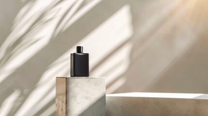 Elegant black perfume bottle showcased elegantly on marble with sunlit shadows creating a stylish ambiance.