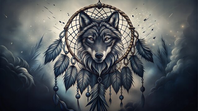 Wolf Dreamcatcher Tattoo Design with Feathers in Dark Tones
