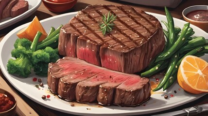 Illustrate a delicious and juicy steak