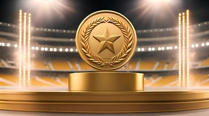 Olympic Gold Medal Podium with Laurel Wreaths in Stadium - Powered by Adobe