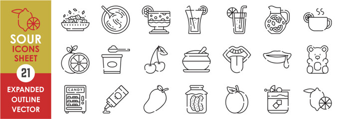 A set of line icons related to Sour. Sour, lemon, juice, tea, plum, orange, yogurt, saliva, gummy, mango, candy, sauce, and so on. Vector outline icons set.