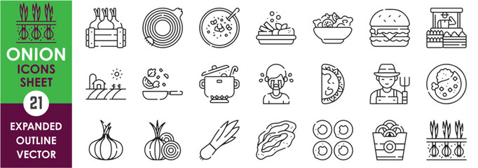 A set of line icons related to Onion. Onion, fry, rings, vegetable, vegan, grocery, farm, harvest, cry, crisp, salad, burger, soup, and so on. Vector outline icons set.