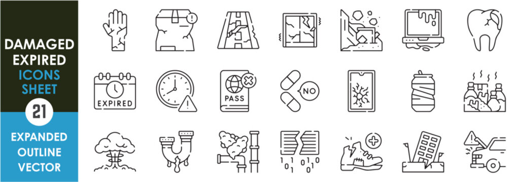 A set of line icons related to Damaged and Expired. Ruin, disaster, expire, outdated, hand, war, shatter, medicine, laptop, leak, shoe, and so on. Vector outline icons set.