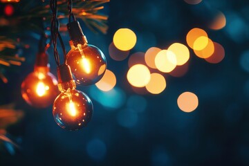 Fototapeta premium Christmas light bulbs on bokeh background. Christmas and New Year concept. Glowing christmas lights with bokeh effect on dark background with generative ai