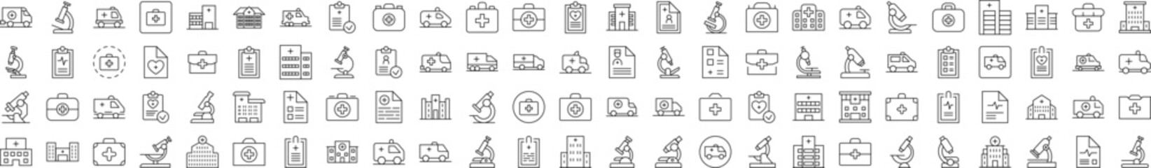 Ambulance, Microscope, Medical Suitcase, Doctor Prescription, Hospital Bundle of Thin Icons. Editable Stroke. Suitable for Web Sites, Books, Cards, Apps