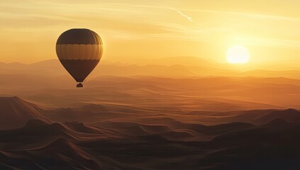 Fototapeta premium Hot air balloon flying over desert at sunset.