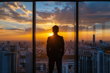 Businessman in front of window, panoramic city sunset view, business concept, modern office.