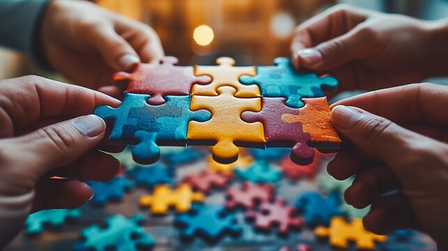Diverse group of hands assembling a colorful vibrant jigsaw puzzle on a wooden table or desk symbolizing finding a successful solution through collective effort and of different perspectives