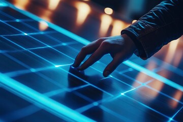 Close Up on Hand Of Professional Maintenance Engineer Touching Industrial Solar Panel Generating Electricity. with generative ai