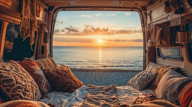 A serene beach sunset viewed from the back of a van, capturing the essence of van life with tranquil ocean scenery.
