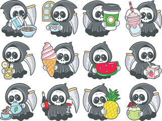 Illustration of cute skull ghost icon.
Funny skull ghost in activities stickers.