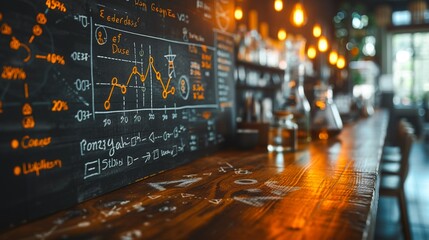 Chalkboard with complex math equations graphs and data analytics diagrams displayed in the interior of a cozy cafe or coffee shop The blackboard creates an educational and academic atmosphere