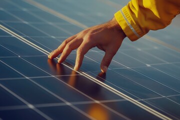 Close Up on Hand Of Professional Maintenance Engineer Touching Industrial Solar Panel Generating Electricity. with generative ai