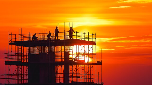 Silhouetted construction workers standing on scaffolding against a vibrant orange sunset sky symbolizing the progress vision and teamwork required for ambitious architectural and engineering projects