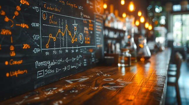 Chalkboard with complex math equations graphs and data analytics diagrams displayed in the interior of a cozy cafe or coffee shop The blackboard creates an educational and academic atmosphere