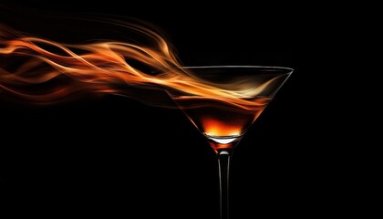 Elegant martini glass with flowing liquid and vibrant flames against a dark background for a dramatic and sophisticated scene.
