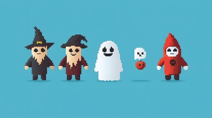 Obraz premium A group of cute Halloween characters: two witches, a ghost, a ghost holding a red apple, and a red devil.