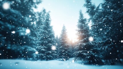 Naklejka premium A pristine winter forest, where snow-covered trees stand tall and silent as delicate snowflakes gently fall from the sky