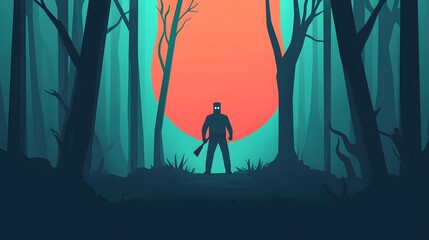 Fototapeta premium A lone figure stands in a dark forest, holding a weapon, with a large orange moon behind them.