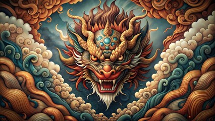 Obraz premium Fierce Dragon Illustration with Fiery Details, Vivid Colors, and Intricate Clouds