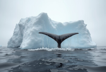 Naklejka premium The tail of a whale above the surface of the water against the backdrop of an iceberg.