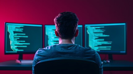 A programmer sits in front of three monitors displaying code, working late into the night.