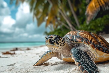 Obraz premium Sea Turtle resting on the shore near the ocean. Ai generative